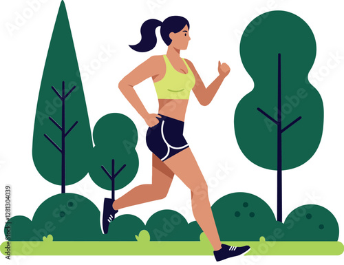 A woman jogging energetically through a vibrant green park in a flat vector illustration style, showcasing health and vitality in vector art