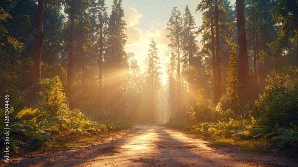 Obraz premium Sunlight streams down a forest path, illuminating ferns and trees.