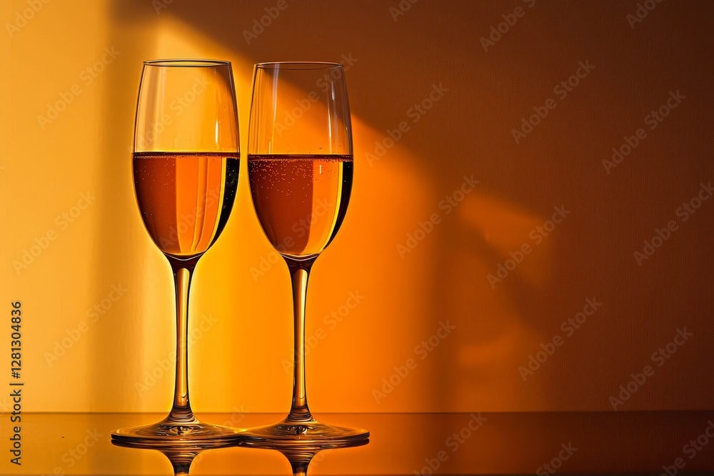 Two champagne glasses clinking, golden bokeh background. Two champagne glasses clinking, golden bokeh background.