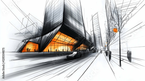 Architectural sketch of a modern building shopping center in the city. Hand drawn minimalistic sketches.