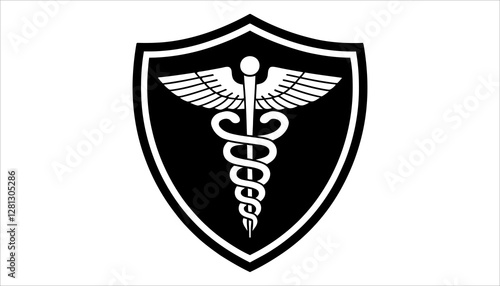 Medical Shield with Caduceus Symbol on White Background
