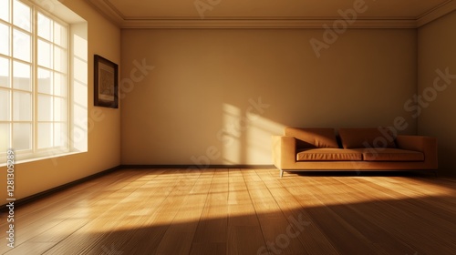 Sunlight Streams Through a Large Window Onto an Empty Room With Wooden Floors and a Simple Couch, Creating a Warm and Inviting Atmosphere in the Late Afternoon