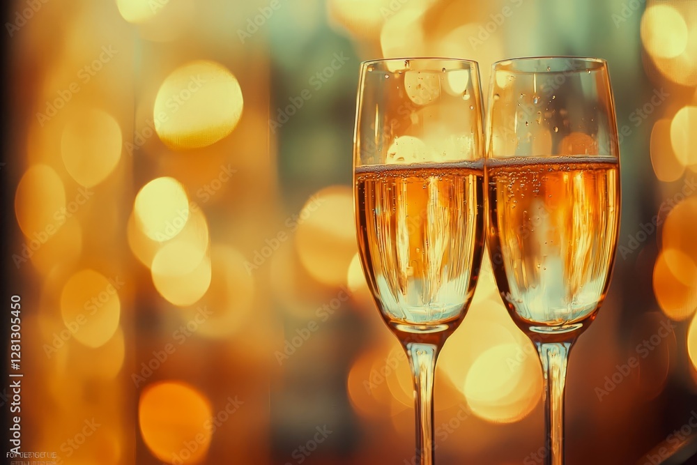 Two champagne glasses clinking, golden bokeh background. Two champagne glasses clinking, golden bokeh background.