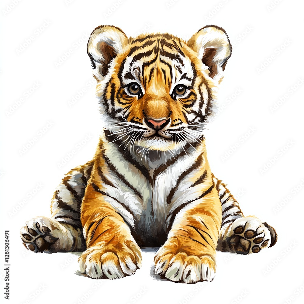 Obraz premium Playful baby tiger with stripes design for T-shirt POD print on demand on white background