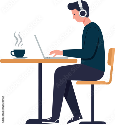 A young man wearing headphones, focused on his laptop while enjoying a cup of coffee at a minimalistic workspace in vector art