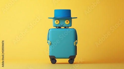Bright Blue Suitcase With a Straw Hat Placed on Top, Ready for Travel Near a Textured Rug, Showcasing a Cozy Departure Setup