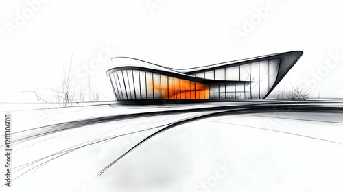 Architectural sketch of a modern public building or shopping center in a minimalist style. Hand drawn minimalistic sketches.