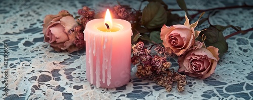 A pale pink candle glowing amidst dried roses and a vintage lace tablecloth