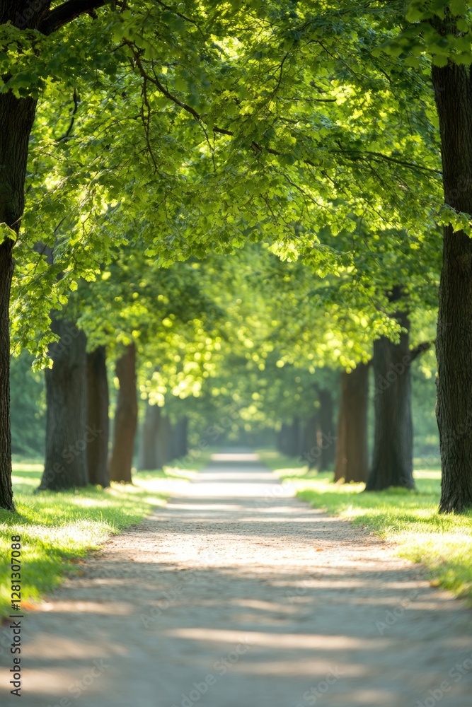 Fototapeta premium tree-lined path with soft sunlight filtering through creating dappled shadows along way