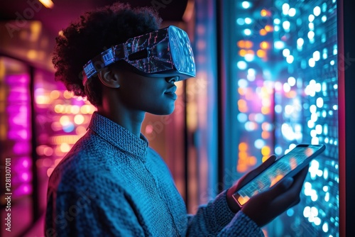It technician wearing vr headset and using tablet in server room