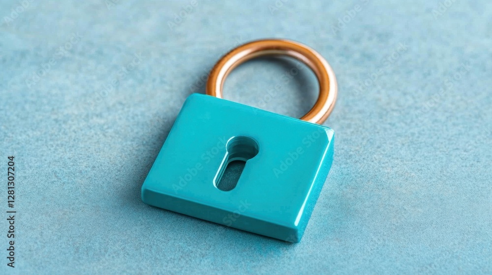 Fototapeta premium Teal padlock with a copper shackle rests on a light blue textured surface. Close up view