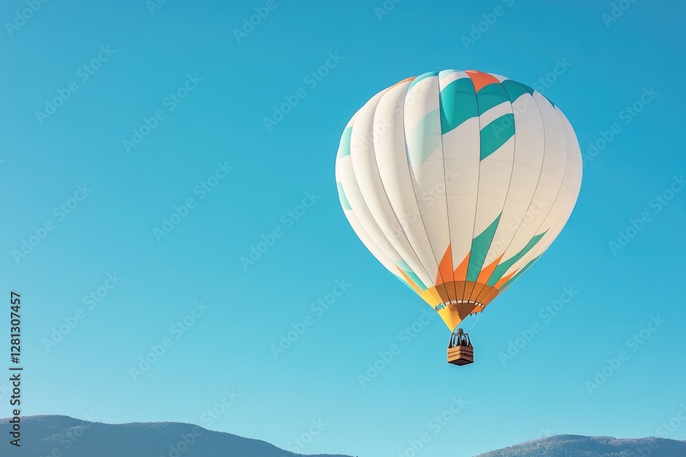 vibrant hot air balloon soars gracefully against clear blue sky showcasing its intricate patterns and vivid colors vibrant hot air balloon soars gracefully against clear blue sky showcasing its intricate patterns and vivid colors