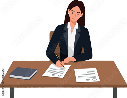 Professional woman in a black suit diligently writing notes at a wooden desk in a minimal and modern vector illustration