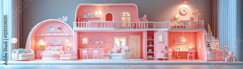Pink dollhouse with a spacious open layout, bright and playful rooms, whimsical decorations, attention to detail in every corner, vivid colors, hyperrealistic 8K render