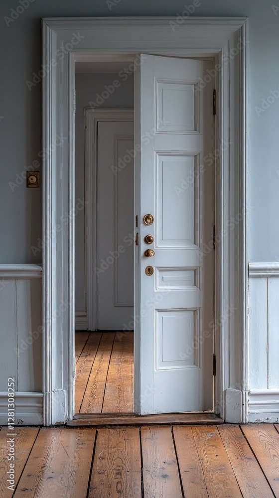 Soft light spills through an open door, revealing a tastefully minimalistic room. The white walls and warm wooden floors create a tranquil atmosphere filled with potential. Soft light spills through an open door, revealing a tastefully minimalistic room. The white walls and warm wooden floors create a tranquil atmosphere filled with potential.