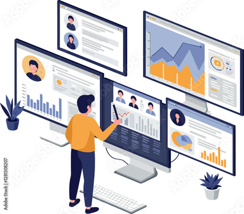 A professional analyzing data on multiple screens in a sleek, modern workspace using minimal vector art style for clarity and focus in the digital landscape