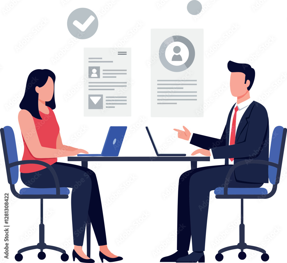 Two professionals engaged in a business meeting discussing resumes, showcasing a minimal and clean design style, vector illustration Two professionals engaged in a business meeting discussing resumes, showcasing a minimal and clean design style, vector illustration