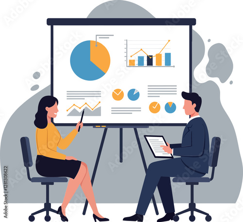 Two professionals engaged in a collaborative presentation in a modern office setting featuring minimal vector illustration with charts and graphs in the background vector art