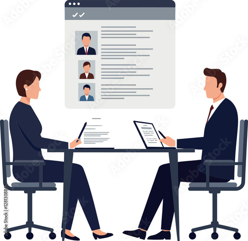 Two professionals engaged in a collaborative discussion over digital resumes in a flat vector illustration