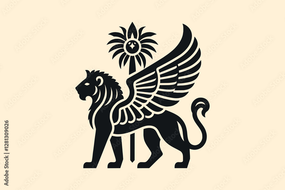 Obraz premium Mythical winged lion silhouette with palm tree, Mesopotamian style