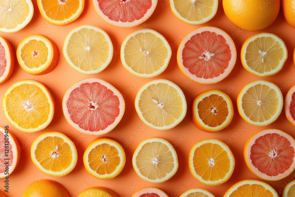 Vibrant Citrus Symphony A Top View of Fresh Grapefruit Lemon and Orange Slices on a Sunny Orange Backdrop Perfect for Healthy Eating and Refreshing Summer Vibes Vibrant Citrus Symphony A Top View of Fresh Grapefruit Lemon and Orange Slices on a Sunny Orange Backdrop Perfect for Healthy Eating and Refreshing Summer Vibes