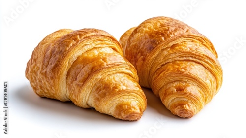 Two golden brown croissants on a white background. Flaky, buttery pastry, freshly baked, delicious breakfast food