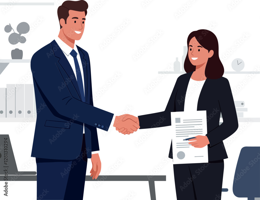 Two business professionals shaking hands in a modern office setting, flat design vector illustration showcasing professionalism and collaboration Two business professionals shaking hands in a modern office setting, flat design vector illustration showcasing professionalism and collaboration