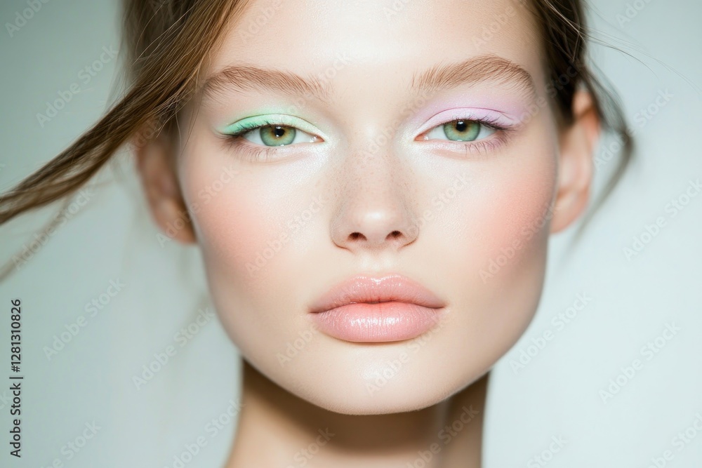 close-up of model radiant face with fresh spring-inspired makeup showcasing pastel eyeshadow and glossy lips close-up of model radiant face with fresh spring-inspired makeup showcasing pastel eyeshadow and glossy lips
