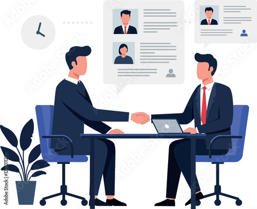 Two business professionals engaging in a handshake at a modern office desk with digital profiles in a flat vector illustration