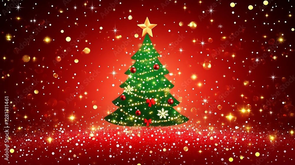 Festive Christmas tree on red glittering background Festive Christmas tree on red glittering background