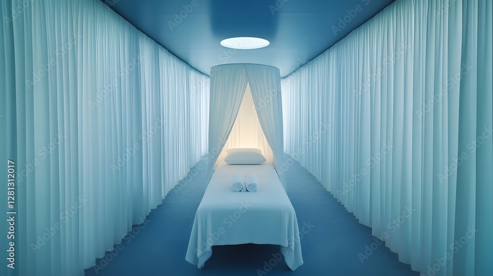 Obraz premium Serene Minimalist Bedroom with Canopy Bed and Blue Curtains