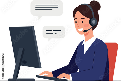 Friendly customer service representative working at a computer with headset in a flat vector illustration, engaging in communication with clients