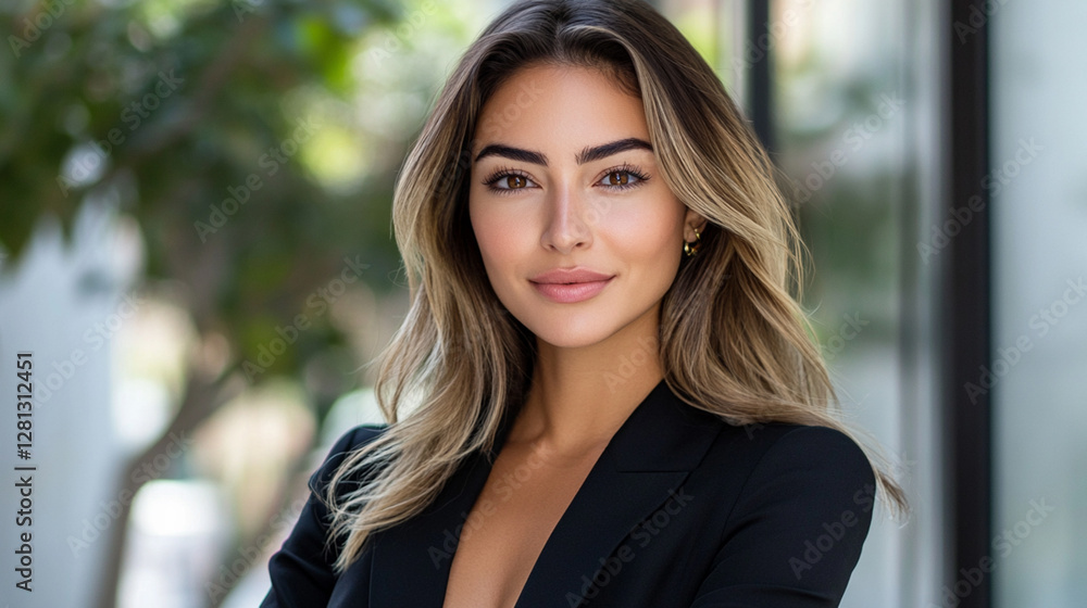 A confident businesswoman poses for a portrait in a modern office setting. She communicates professionalism and style, showcasing the essence of contemporary corporate culture. A confident businesswoman poses for a portrait in a modern office setting. She communicates professionalism and style, showcasing the essence of contemporary corporate culture.
