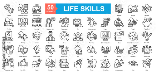 Life Skills Icon Sheet Setting, Finding, Tactics, Idea, Distance Learning, Brainstorming, Decision, Piggy Bank, Key Skills, Alarm Clock, Mind, Release