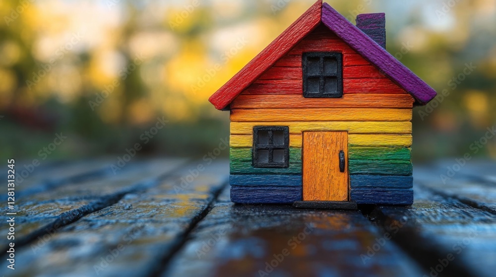A close-up installation of a small house painted in the colors of the LGBT flag. Diversity, love, freedom and LGBTQ concept. A close-up installation of a small house painted in the colors of the LGBT flag. Diversity, love, freedom and LGBTQ concept.