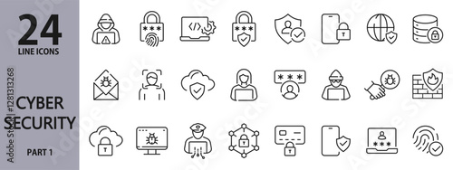 Cybersecurity line icons set with Internet, AI, Hacking, Firewall, Data, Protection, Identity, Internet, Cyber, Attack, Encryption and more. Editable Stroke