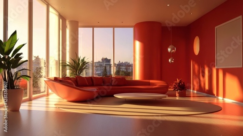 Modern Interior Design in a Sunlit Living Room Showcasing Vibrant Orange Accents and Lush Indoor Plants During Golden Hour