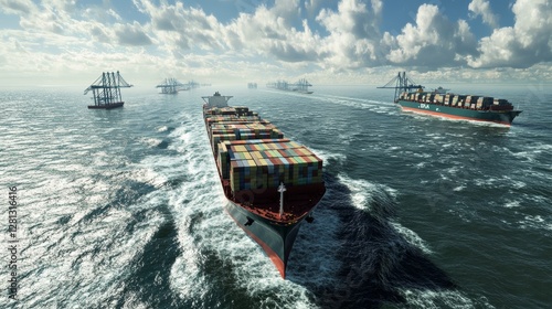Multiple Cargo Ships Navigating Through Calm Waters Under a Clear Sky in Broad Daylight Near a Busy Maritime Route