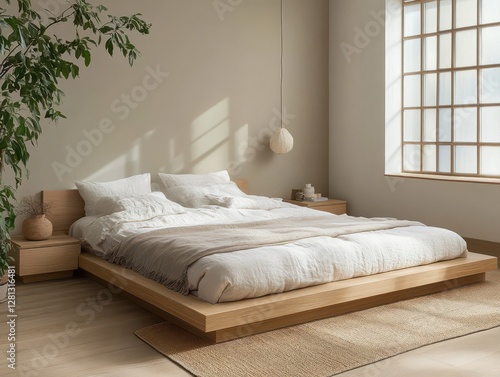A modern bedroom featuring a platform bed with comfortable bedding and decor