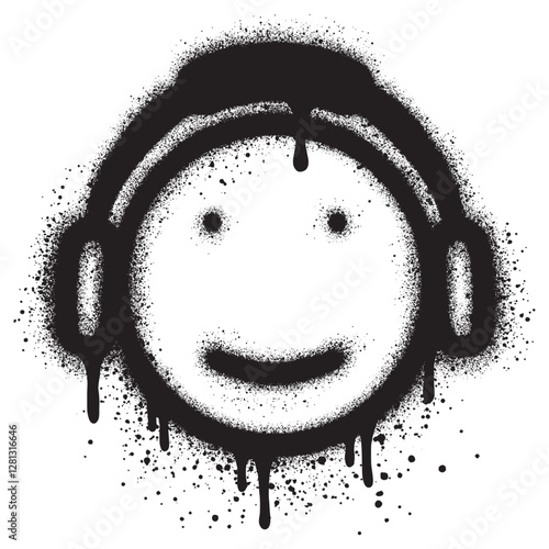 Graffiti emoticon Cool Face with headphones isolated with a white background.