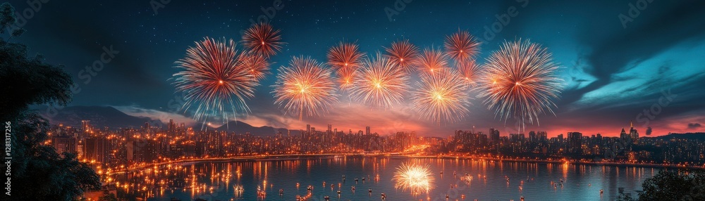 A vibrant display of fireworks lighting up the night sky over a scenic waterfront city, creating a festive atmosphere. A vibrant display of fireworks lighting up the night sky over a scenic waterfront city, creating a festive atmosphere.