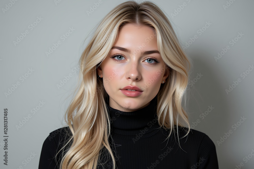 Beautiful Blonde Woman in Black Turtleneck Studio Portrait Long Hair Natural Makeup Beautiful Blonde Woman in Black Turtleneck Studio Portrait Long Hair Natural Makeup