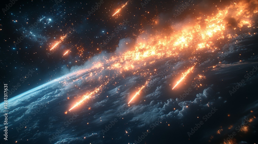 Fototapeta premium Fiery meteor shower impacting Earth's atmosphere, causing widespread fire and destruction.
