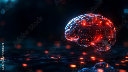 digital brain with circuits and glowing data streams, representing advanced technology and artificial intelligence. vibrant colors create futuristic atmosphere
