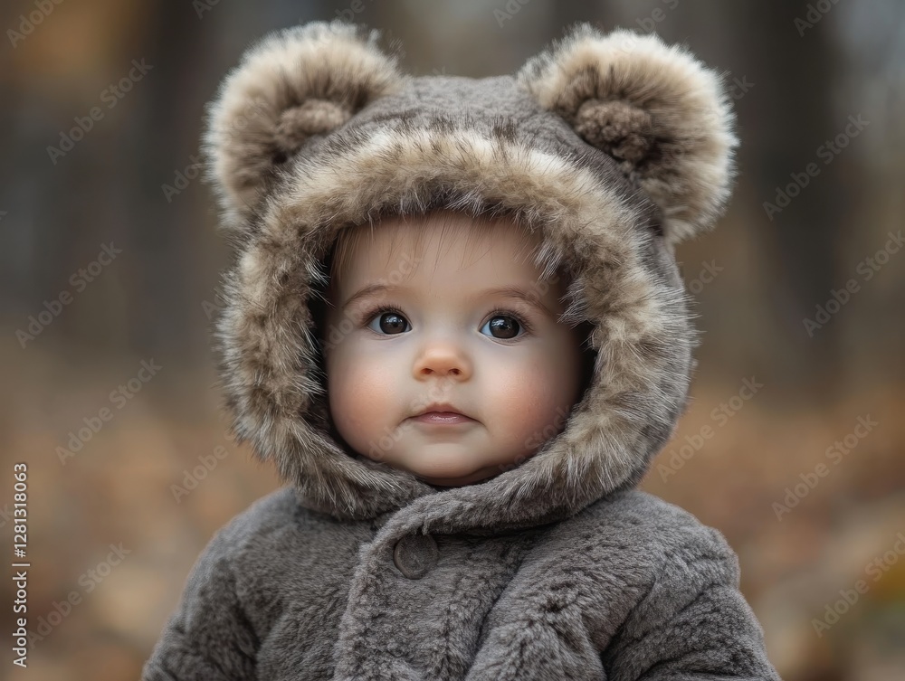 Cuddly Cutie: Portrait of an Adorable Baby Boy in Furry Jacket with Bear Ears in Natural Outdoor Setting Cuddly Cutie: Portrait of an Adorable Baby Boy in Furry Jacket with Bear Ears in Natural Outdoor Setting