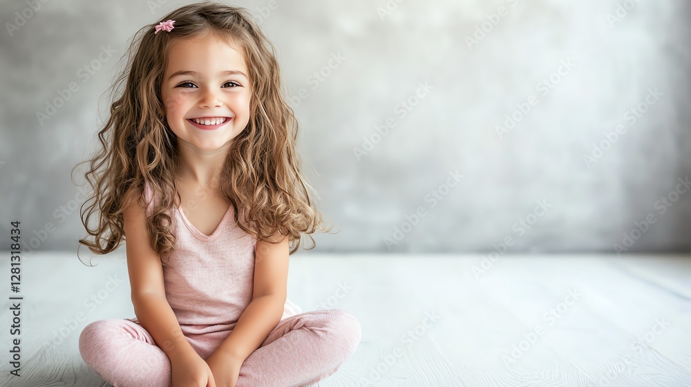 Cute child smiling brightly in pastel outfit, sitting on a clean white floor, advocating for clean drinking water to prevent infections. Cute child smiling brightly in pastel outfit, sitting on a clean white floor, advocating for clean drinking water to prevent infections.