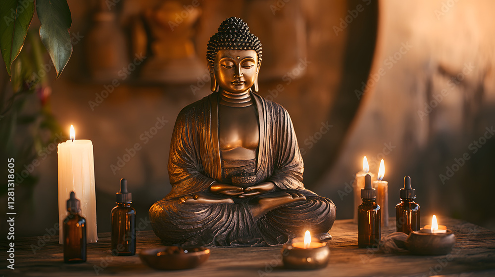 Fototapeta premium A bronze Buddha statue sits on an old wooden table, surrounded by two burning candles 