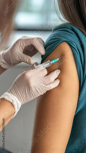 Healthcare professional administers vaccine to patient in clinic setting during daytime