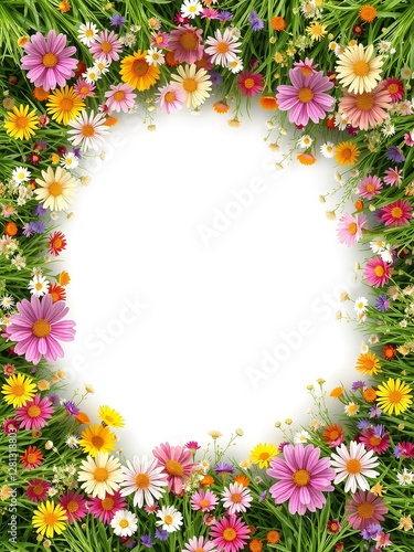 Wallpaper Mural A vibrant and fresh summer floral background with wildflowers and green grass framing the edges. The center is left bright and clean for text, giving a natural and organic look Torontodigital.ca