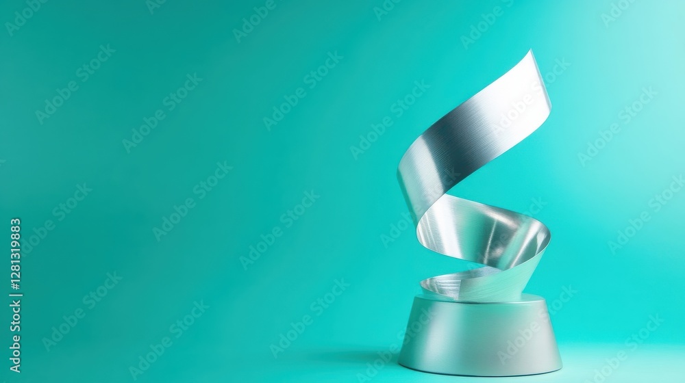 Silver Ribbon Sculpture on Teal Background Silver Ribbon Sculpture on Teal Background